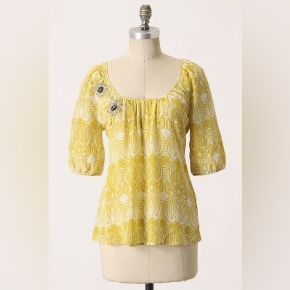 Anthropologie Edme & Esyllte Moscow in Bloom Yellow Sheer Blouse Beaded Top - Picture 1 of 7